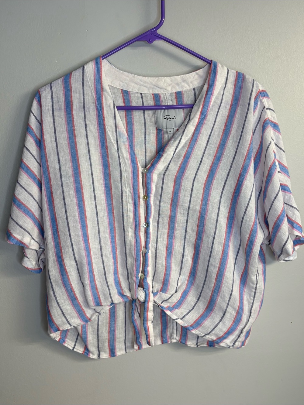 Rails White Button-Front Tie-Hem Top with Blue & Pink Stripes